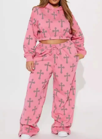 Peach Pink Cross Print Sweatshirt and Pants Set